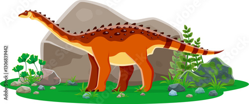 Aegyptosaurus prehistoric dinosaur cartoon character. Isolated vector titanosaurian sauropod dino from Late Cretaceous period. Ancient long necked herbivore reptile animal at lush landscape with rocks