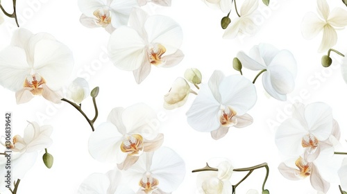Seamless pattern with white orchids pattern, watercolor style, on white background. Concept of elegance and nature