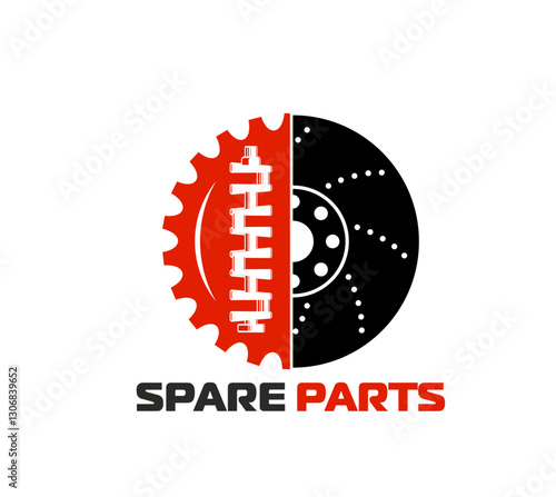 Car auto spare parts icon. Vector bold, modern emblem featuring gear and brake disc split in red and black, symbolizing automotive spare parts. Label for car maintenance or mechanical garage services