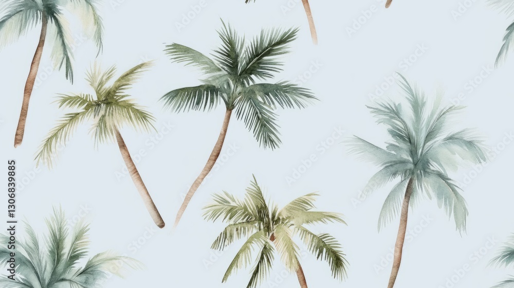 Seamless pattern with palm trees in watercolor style on light blue background. Concept of tropical summer Seamless pattern with palm trees in watercolor style on light blue background. Concept of tropical summer