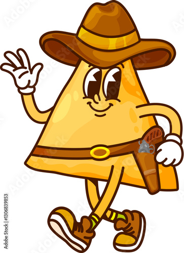 Groovy Mexican nachos chips as cowboy of Wild West, vector cartoon character. Funny nacho chip as Western cowboy or Texas sheriff in sombrero hat with revolver gun on bandoleer and happy smile on face