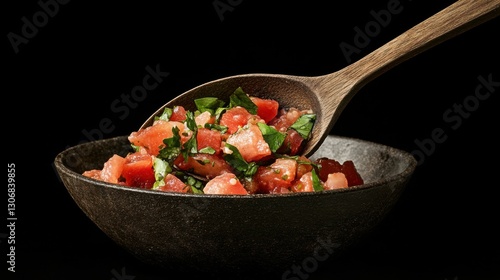 Fresh tomato and herb salad preparation kitchen food indoor close-up culinary art photo