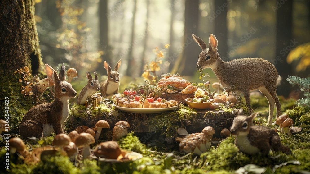 Forest animals enjoying a Thanksgiving feast. Forest animals enjoying a Thanksgiving feast.