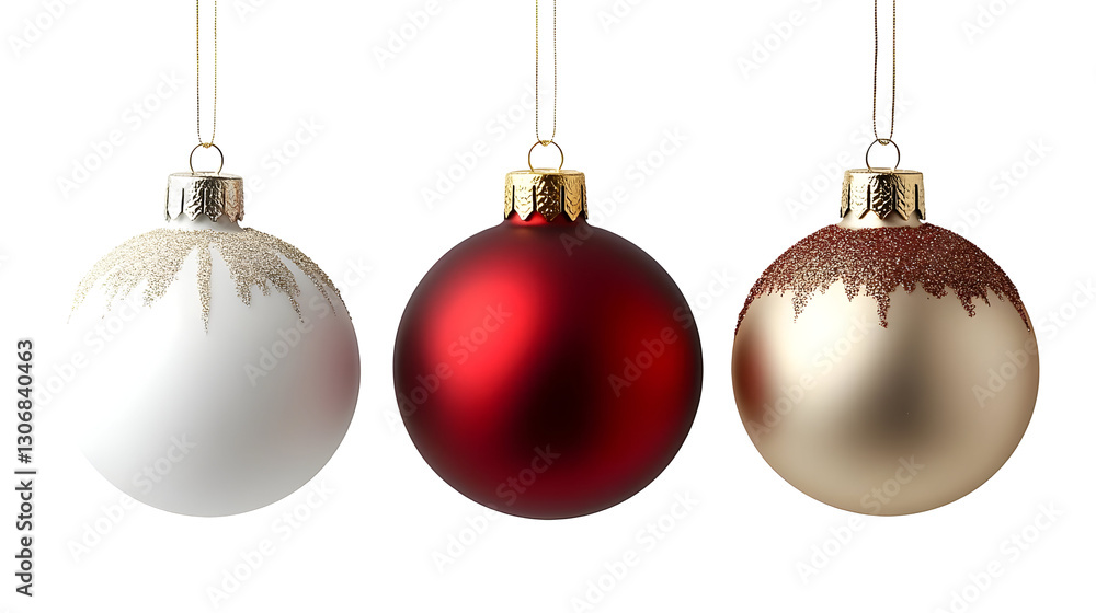 Red, White, and Gold Ornaments Hanging Isolated on White Background Red, White, and Gold Ornaments Hanging Isolated on White Background