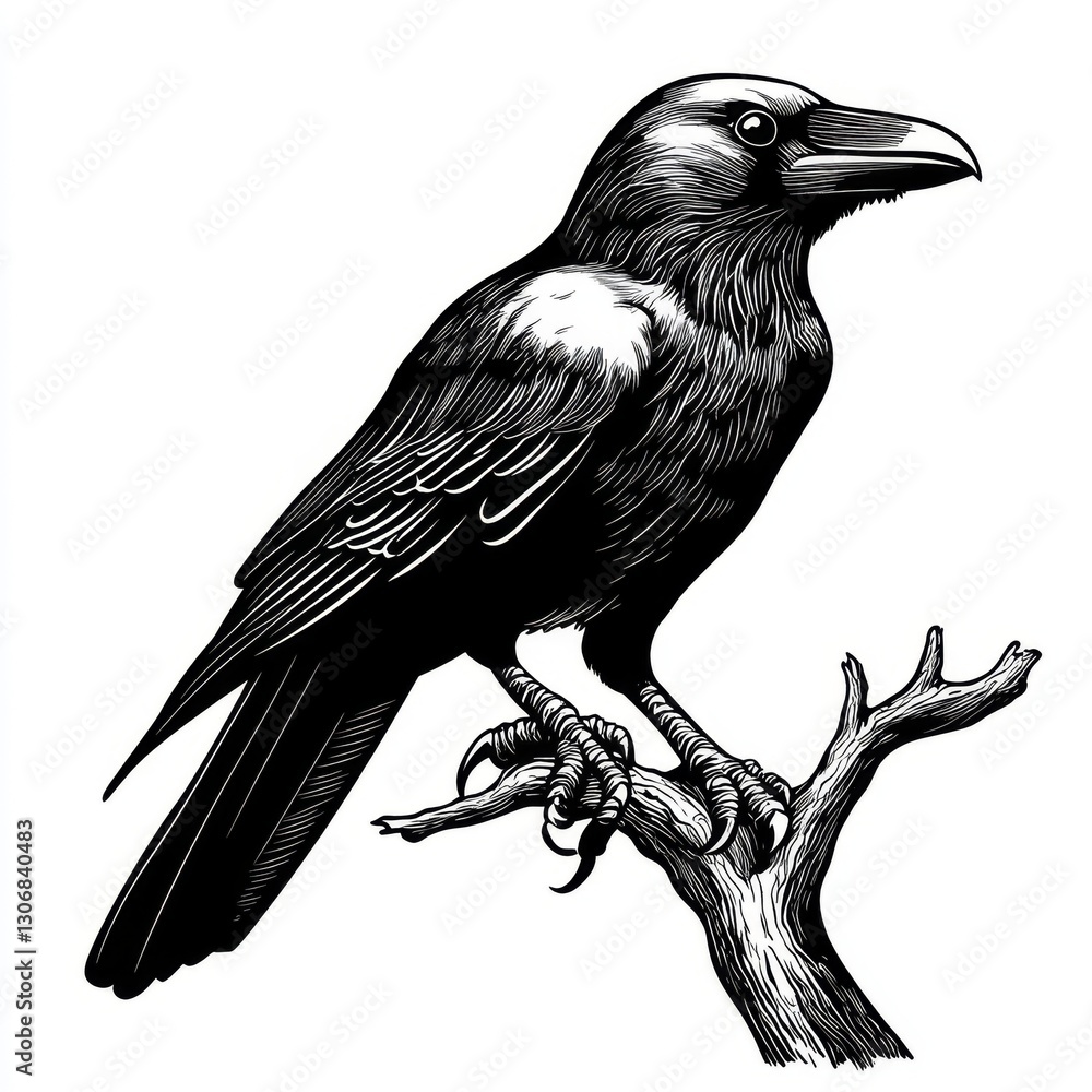 Fototapeta premium Detailed black and white illustration of a raven perched on a branch against a plain background