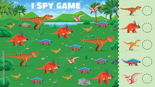 Prehistoric dinosaurs, kids I spy game worksheet. Vector puzzle quiz with cartoon tyrannosaurus rex, panoplosaurus, pteranodon and velociraptor. Dino animal characters I spy game worksheet template