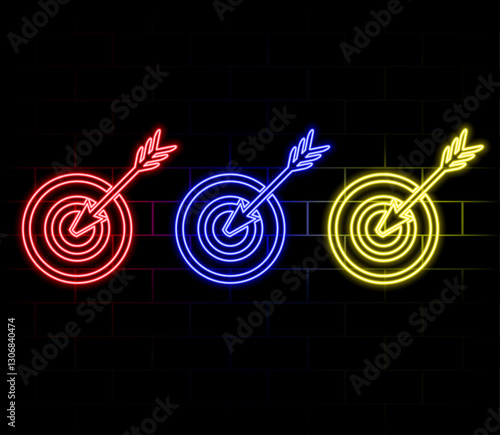 A set of neon bright targets in different colors on a dark background.