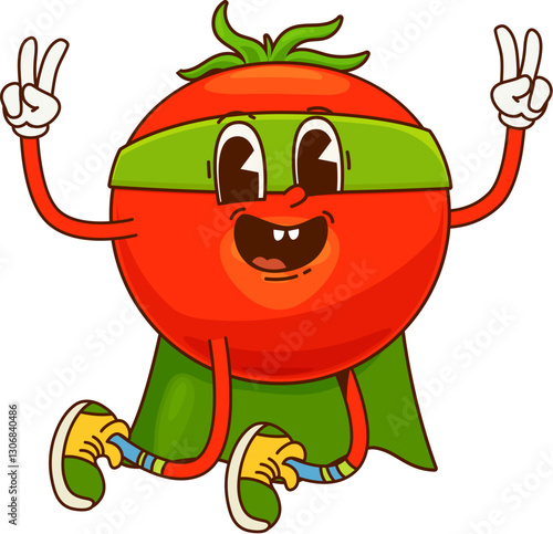 Groovy tomato vegetable superhero character. Isolated cartoon vector fresh veggie, healthy food retro personage with super power. Funny vitamin plant in cloak, mask and sneakers showing peace signs
