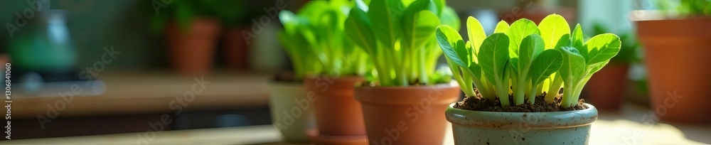 Healthy vegetable greens sprouting in a ceramic pot on a kitchen counter, kitchen, fresh Healthy vegetable greens sprouting in a ceramic pot on a kitchen counter, kitchen, fresh