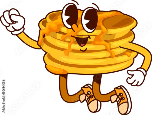 Fast food groovy pancakes happy character. Restaurant dessert meal cute personage, takeaway pastry or cafe sweet food cheerful groovy isolated vector character. Pancakes with syrup happy mascot