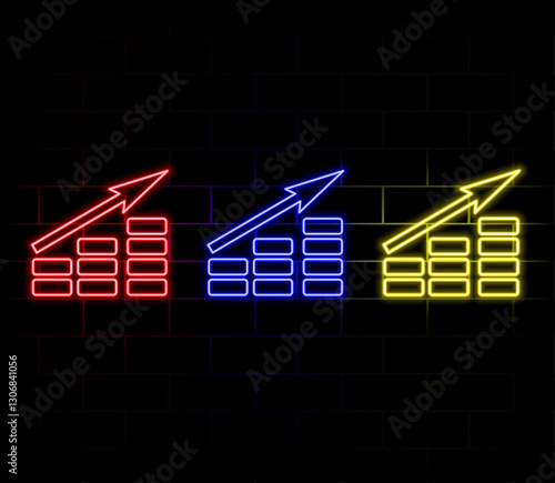 Outline neon growth arrow bars icon. Glowing neon upward chart trend sign, rise arrow bars. Financial forecast, rise in shares, growth level, increase profit, growing trend. Vector icon set