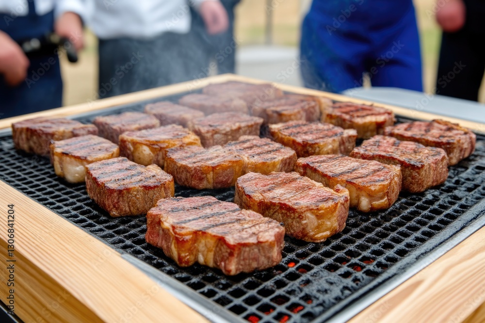 Grilled steaks sizzling with group of people enjoying cookout Grilled steaks sizzling with group of people enjoying cookout