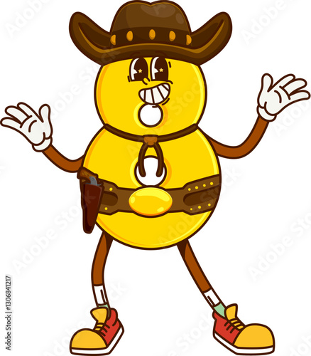 Cartoon groovy math number 8 as cowboy or bandit character, vector mathematics symbol. Groovy number Eight 8 in Western bandit sombrero hat with gun on bandoleer as Wild West cowboy ranger character