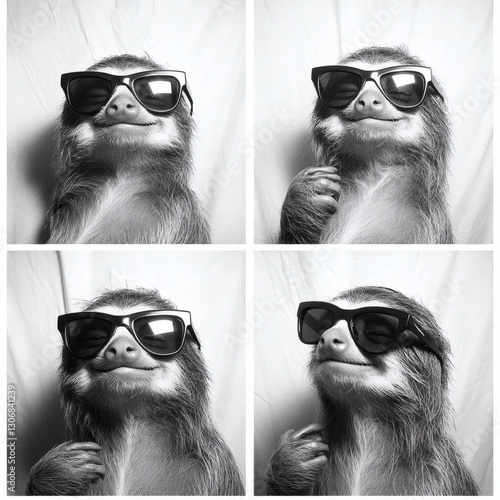 Sloth with solid black sunglasses, making different happy face expressions on each photo