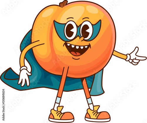 Groovy apricot superhero, fruit cartoon character with mask on funny face, vector super hero. Groovy apricot superhero or secret agent and rescue ranger with funky smile for kids cartoon character