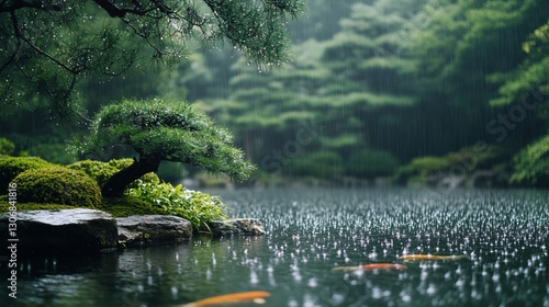 Rain falls on zen garden pond, koi fish swim photo