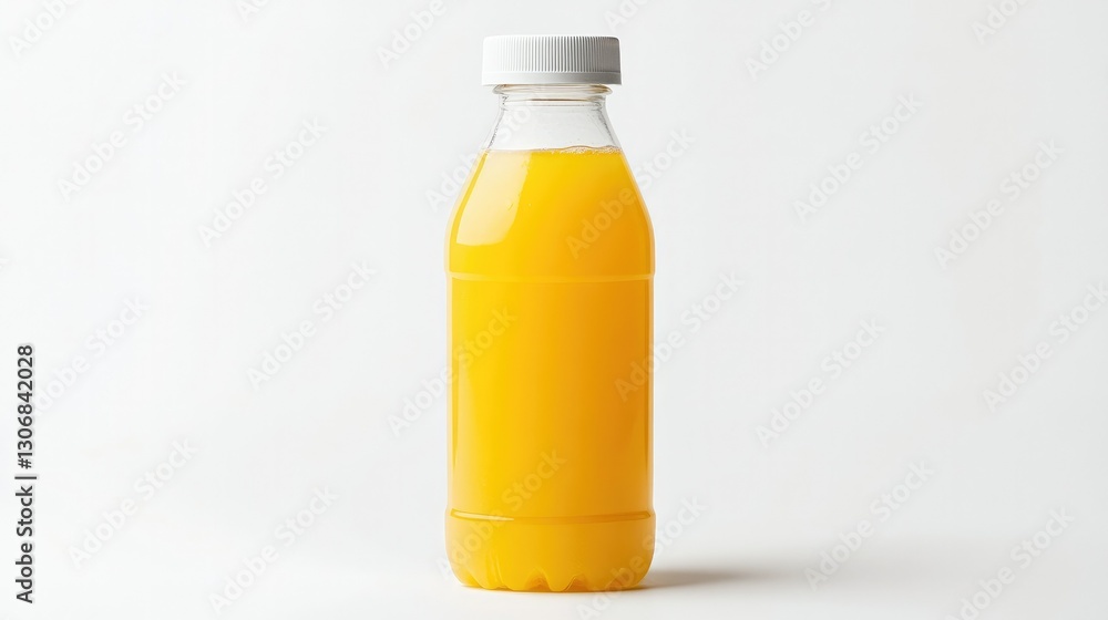 Minimalist shot of a transparent plastic bottle of apple juice with a secure cap, standing upright on a bright white background. Ideal for food packaging concepts Minimalist shot of a transparent plastic bottle of apple juice with a secure cap, standing upright on a bright white background. Ideal for food packaging concepts