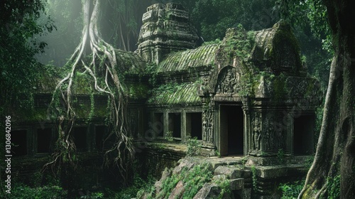 Ancient temple ruins overgrown with tree roots in a dense jungle. The moss-covered stone structure is surrounded by greenery and dappled sunlight, evoking a sense of mystery and history. Generative AI