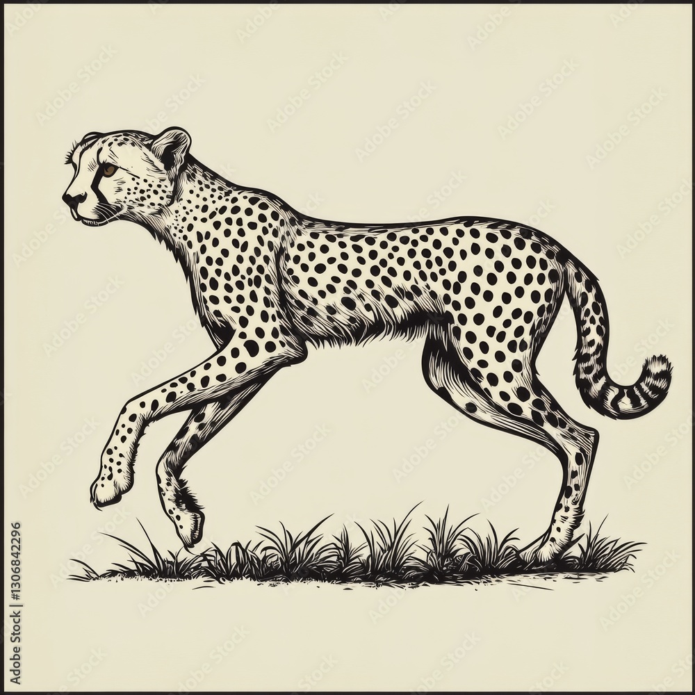 Detailed illustration of a cheetah in motion across grassy terrain with a neutral background Detailed illustration of a cheetah in motion across grassy terrain with a neutral background