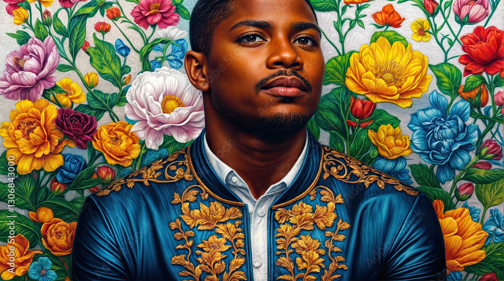A portrait of a man, his gaze direct and thoughtful, set against a vibrant backdrop of meticulously rendered flowers.