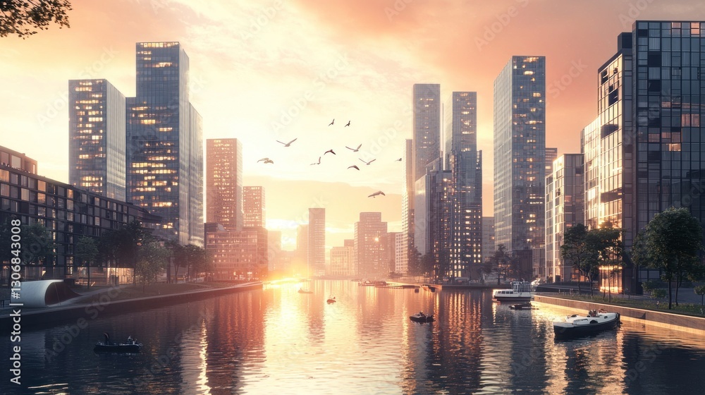 Obraz premium Sunrise over modern city skyline reflected in calm canal water.