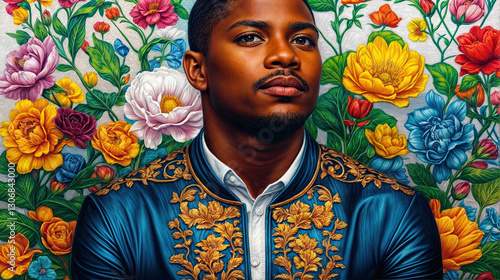 Obraz na płótnie A portrait of a man, his gaze direct and thoughtful, set against a vibrant backdrop of meticulously rendered flowers. w salonie