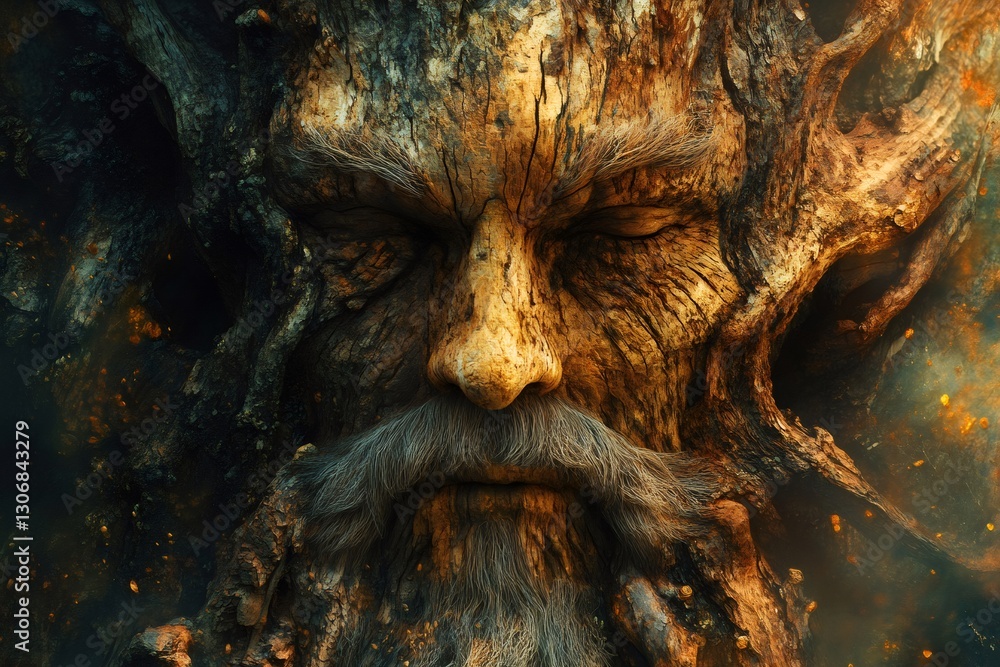 Fototapeta premium Ancient tree spirit face emerging from bark with closed eyes