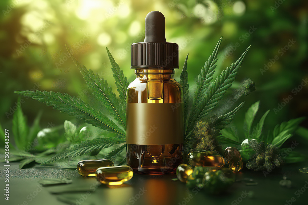 Fototapeta premium Amber dropper bottle among green cannabis plants..