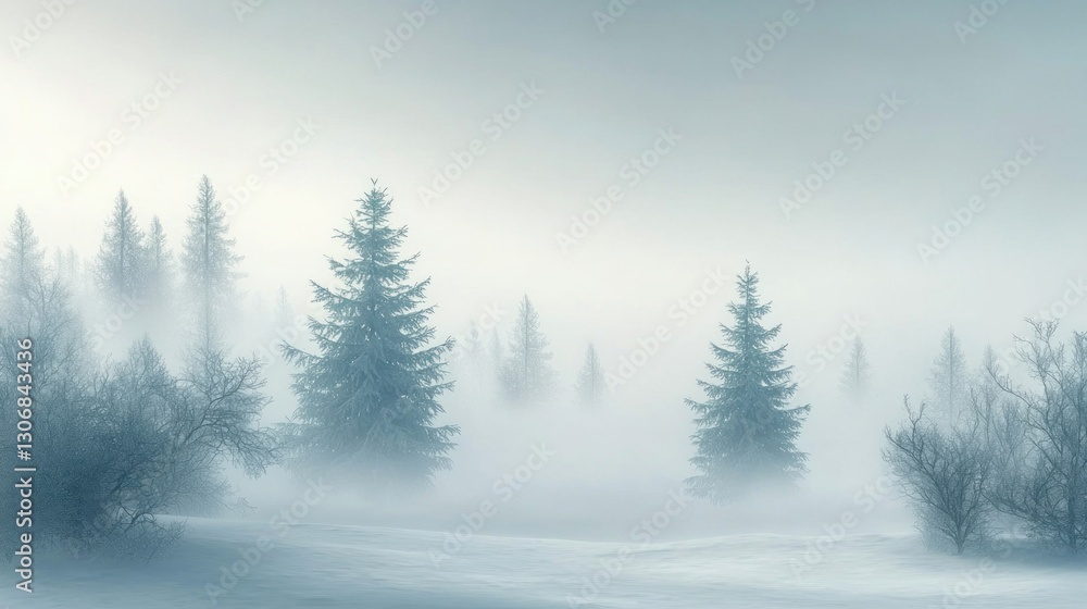 Naklejka premium Evergreen trees emerge from the misty cold winter landscape beautifully
