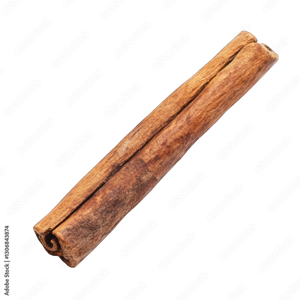 A single cinnamon stick with textured bark, isolated on white background . A single cinnamon stick with textured bark, isolated on white background .
