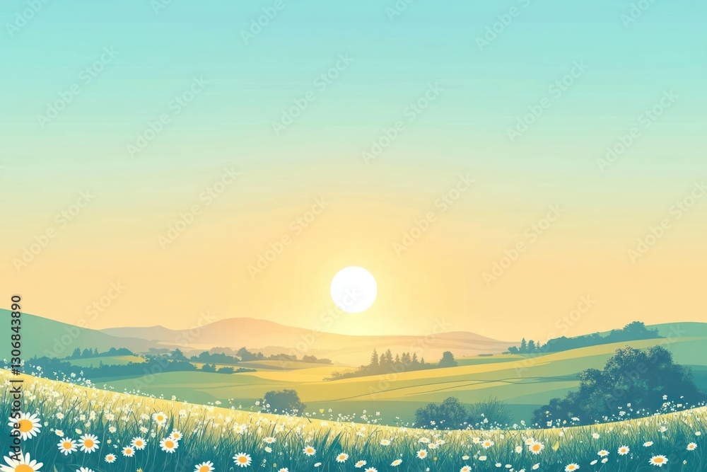 Fototapeta premium A scene countryside with blooming wildflowers at spring sunrise landscape scenery daisies.