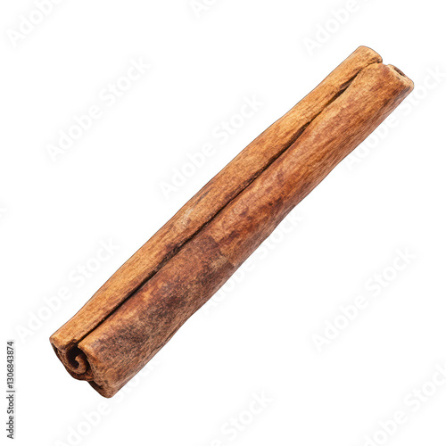A single cinnamon stick with textured bark, isolated on white background .