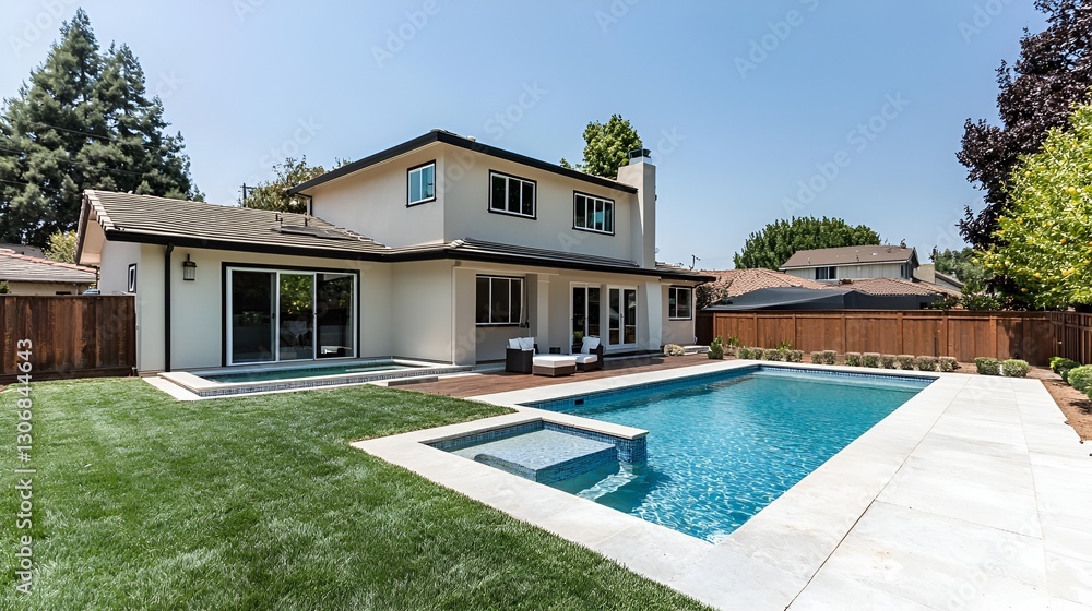 Fototapeta premium Modern house backyard with pool and deck