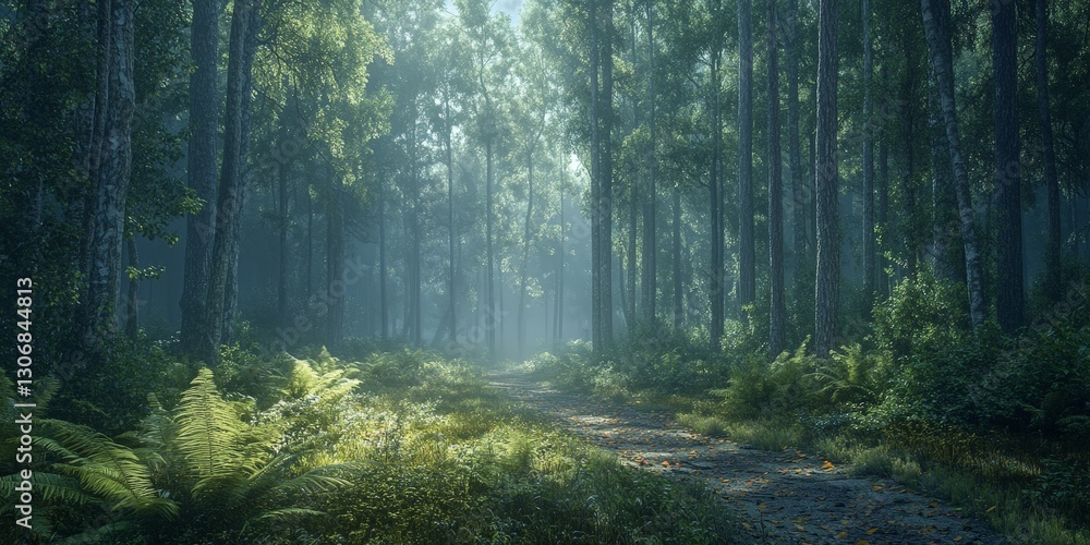 Obraz premium Scenic Pine Forest Path with Green Trees and Lush Vegetation