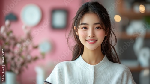 portrait of a smiling asian woman holding digital tablet against pink background