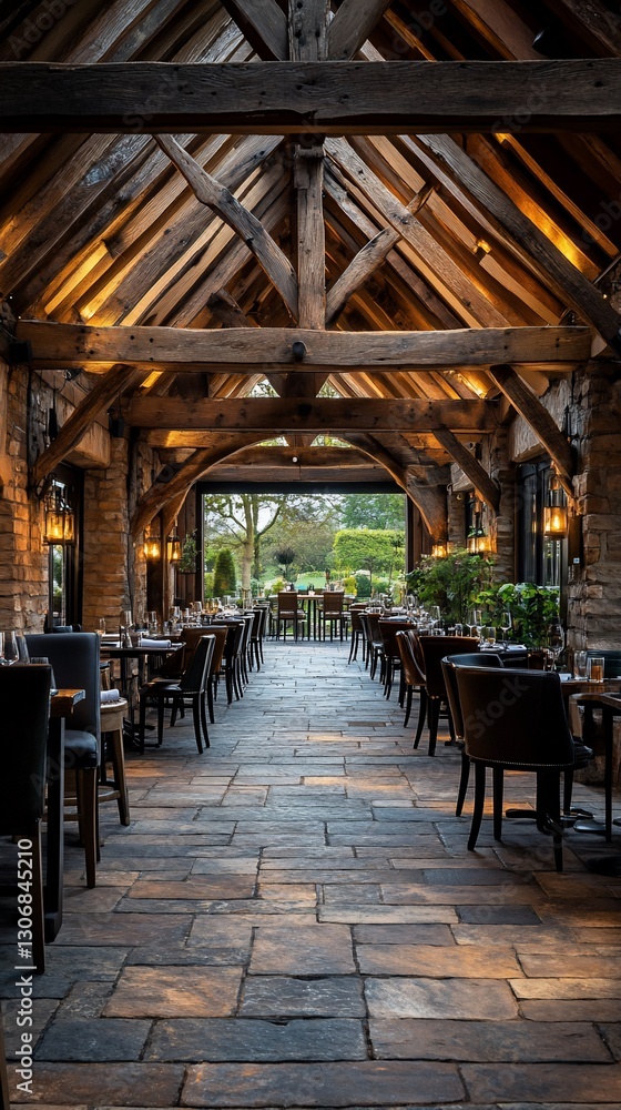 Naklejka premium Rustic dining hall, interior, courtyard view, evening ambiance