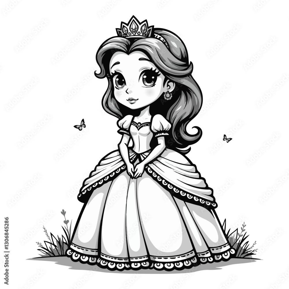 A cartoon vector art of a princess with long hair wearing a flowing gown and a crown. A cartoon vector art of a princess with long hair wearing a flowing gown and a crown.
