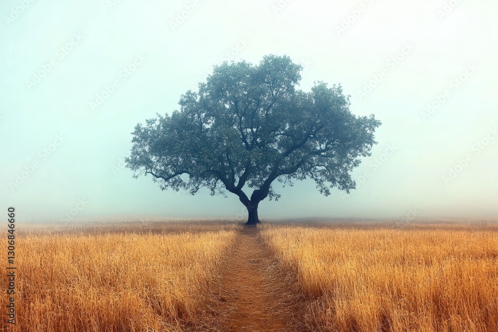 Majestic tree stands alone in foggy field with golden grass at dawn Generative AI Majestic tree stands alone in foggy field with golden grass at dawn Generative AI