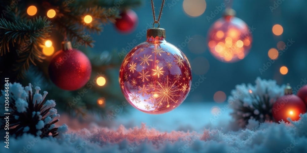 A glowing, ornate glass bauble adorned with snowflake designs hangs from a festive evergreen branch, nestled amidst a soft blanket of snow and twinkling lights, creating a magical winter scene. A glowing, ornate glass bauble adorned with snowflake designs hangs from a festive evergreen branch, nestled amidst a soft blanket of snow and twinkling lights, creating a magical winter scene.