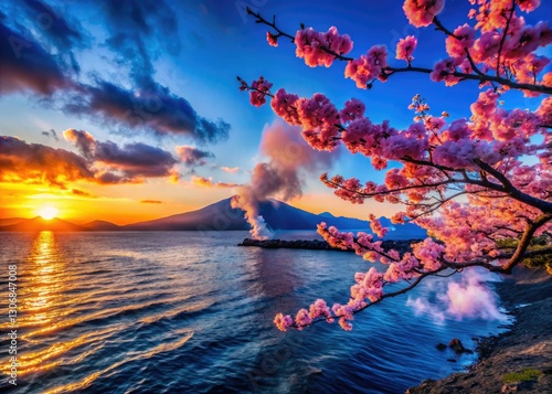 Beppu's Cobalt Blue Pond & Sakura Silhouette:  Umi Jigoku Sea Hell Dramatic Sunset Photography photo