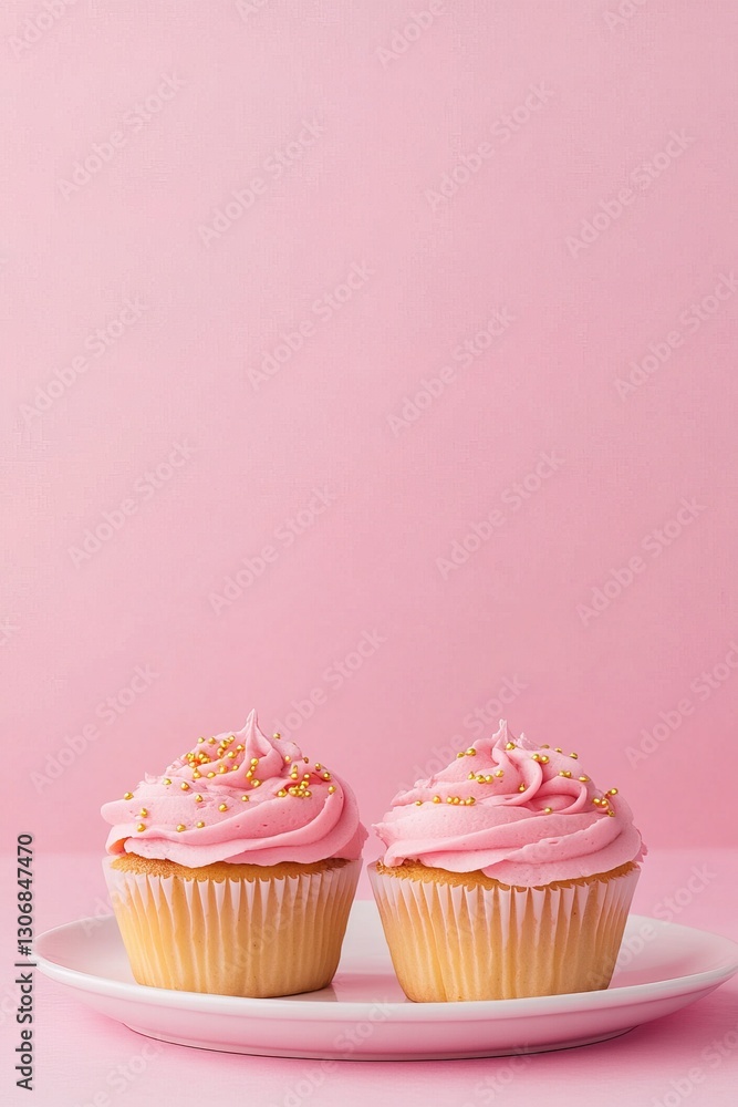 Cupcake with pink frosting. Cupcakes with pink frosting and sprinkles on pink background. Cupcake with pink frosting. Cupcakes with pink frosting and sprinkles on pink background.