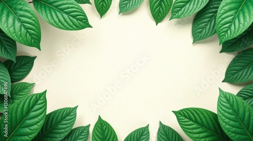 Lush Green Foliage Frame A Natural Border of Vibrant Leaves on a Soft Cream Background, Ideal for Displaying Text or Imagery