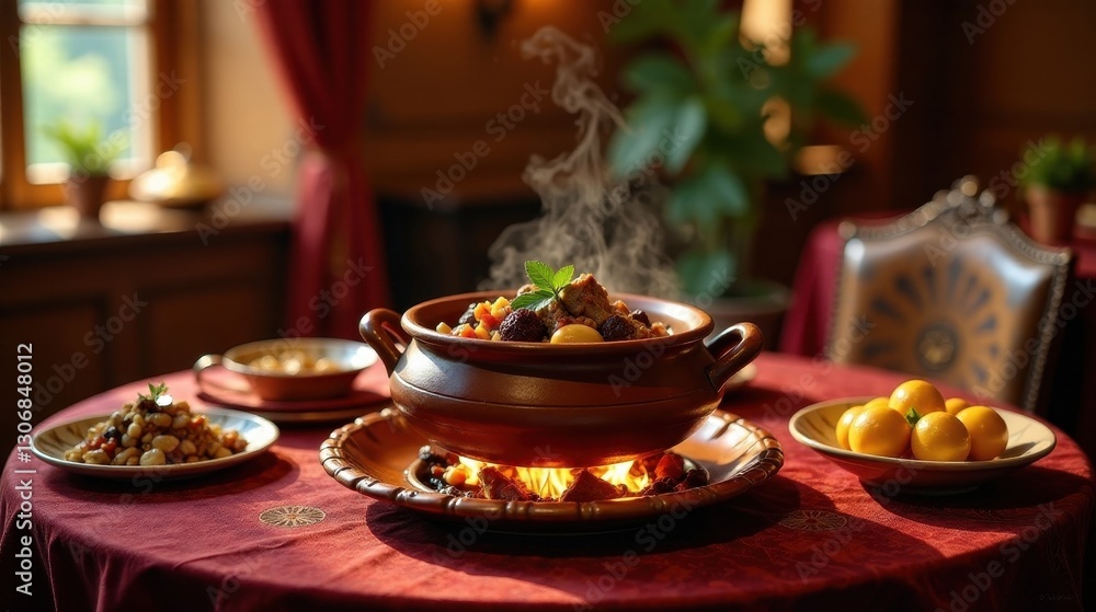 Naklejka premium Aromatic Stew Served in Rustic Earthenware Pot on a Table with Side Dishes