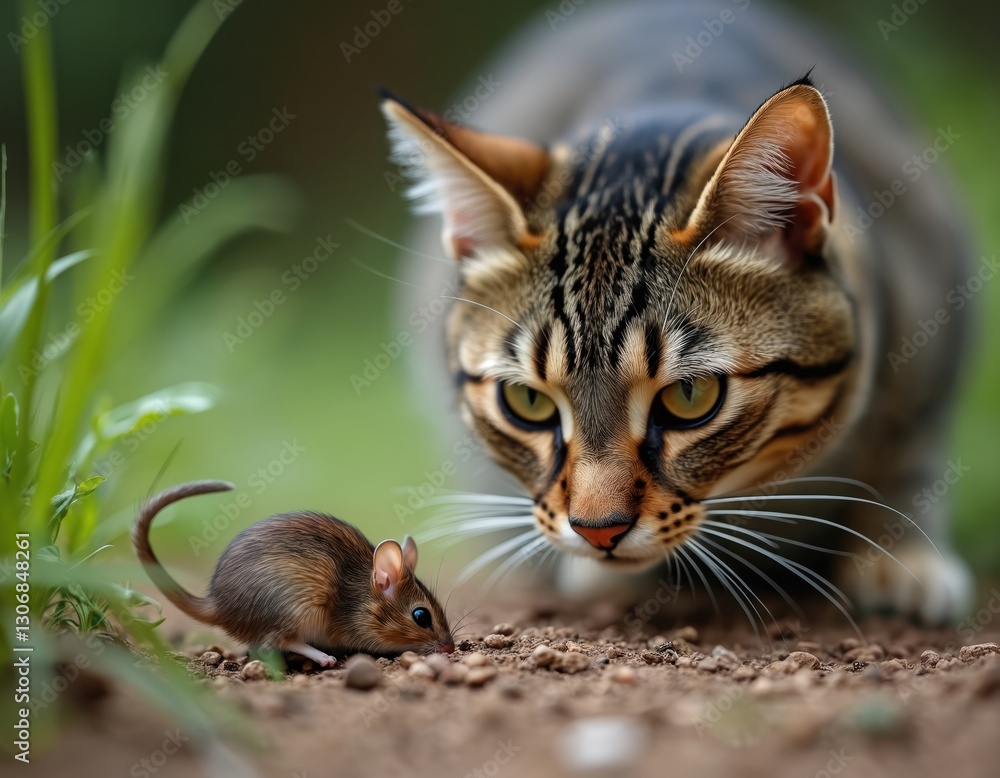 Feline predator hunts mouse. Cat attentively stalking rodent in natural environment with blurred background. Focus on predator prey relationship, pest control, nature survival, cat and mouse game. Feline predator hunts mouse. Cat attentively stalking rodent in natural environment with blurred background. Focus on predator prey relationship, pest control, nature survival, cat and mouse game.