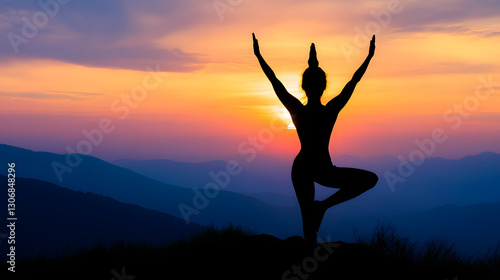 Wallpaper Mural Silhouette of a person doing yoga in the tree pose on a mountain at sunset, creating a peaceful scene. Torontodigital.ca