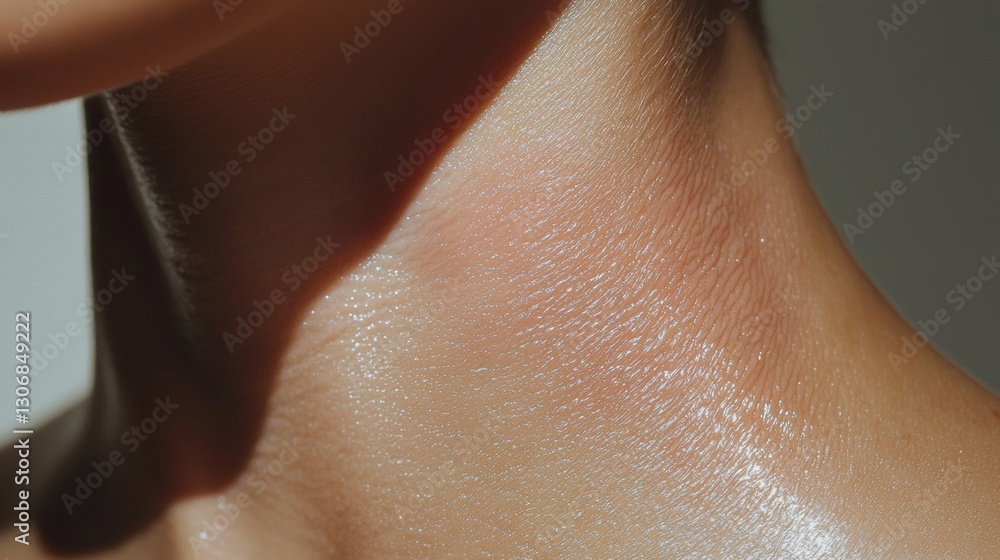 Fototapeta premium Close-up of a person's neck and upper body. the skin appears to be smooth and shiny, with a light beige color. the texture of the skin is visible, with small bumps and ridges.