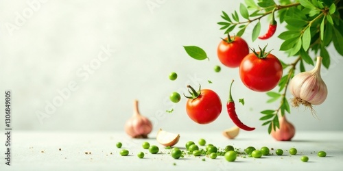 A vibrant culinary composition featuring ripe tomatoes, garlic cloves, fresh peas, and chili peppers, suspended mid-air against a soft backdrop.