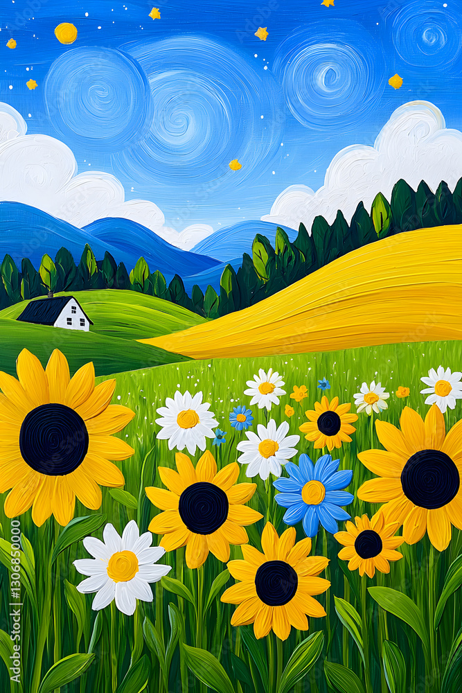 Fototapeta premium Yellow and blue colors painting of sunflower meadow