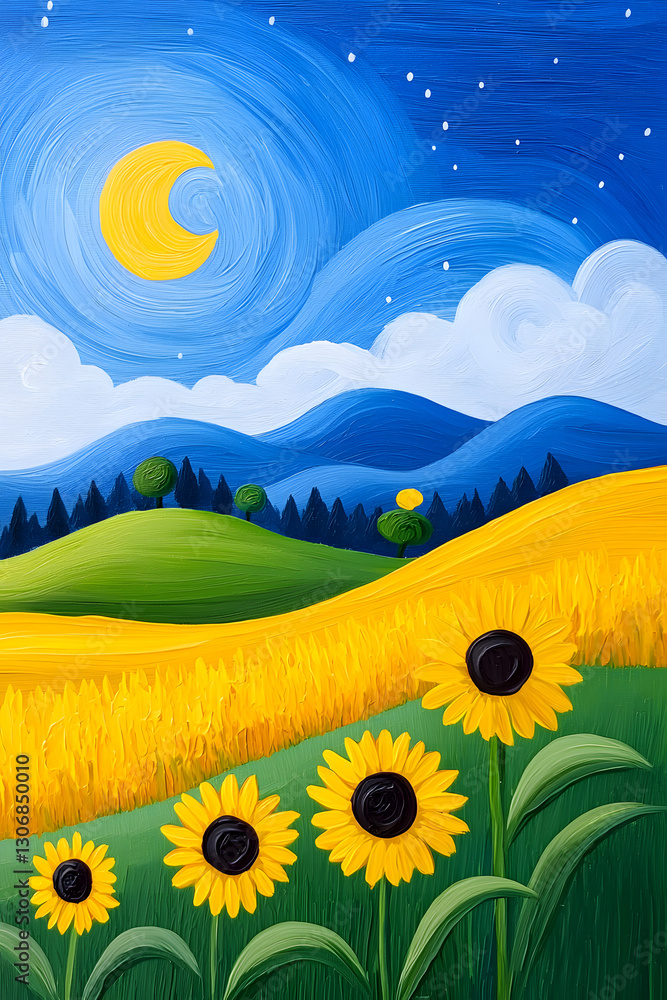 Fototapeta premium Yellow and blue colors painting of sunflower meadow