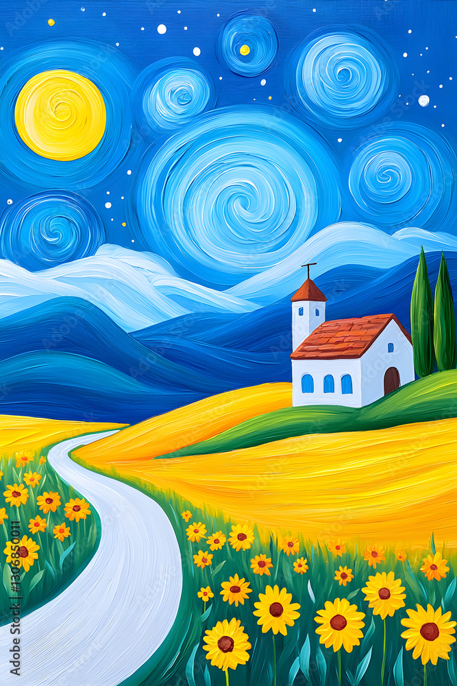 Fototapeta premium Yellow and blue colors painting of sunflower meadow